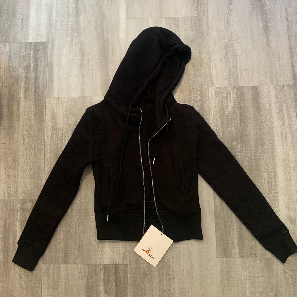 Black Hooded zip up cropped fleece lined sweater